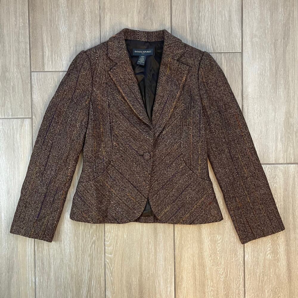 Banana Republic Tweed Blazer Womens 6 Brown Wool Blend Metallic Tailored Jacket